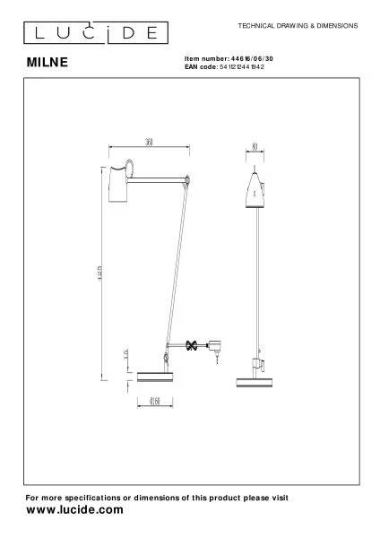 Lucide MILNE - Lampadaire / lampe de lecture - LED Dim. - 1x8W 2700K - Noir - technique